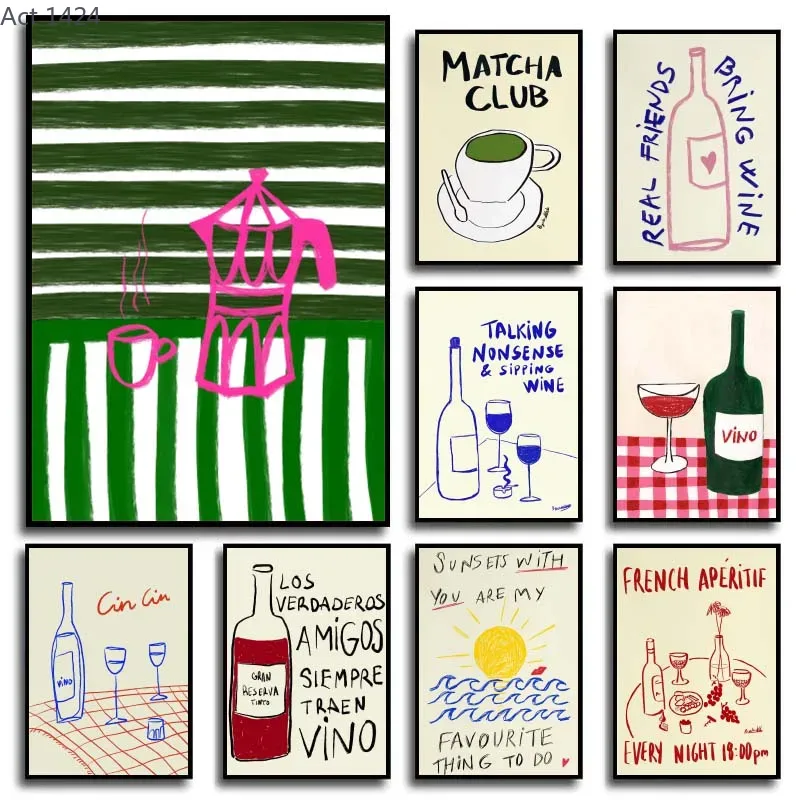 Coffee Tea Drawing - Quadri Moderni Colorati con Disegni Astratti,
